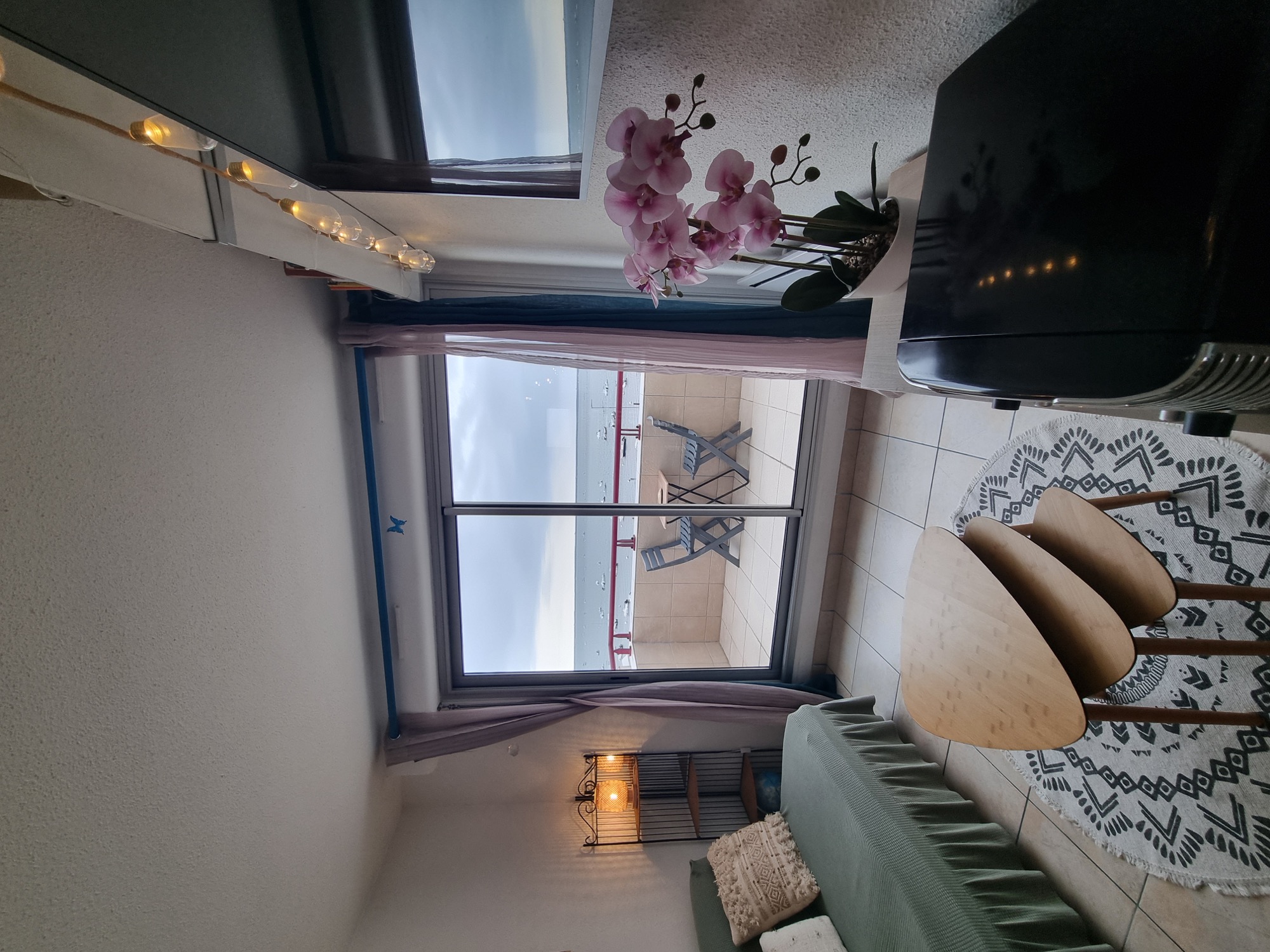 Salon avec canapé, balcon et vue sur le bassin